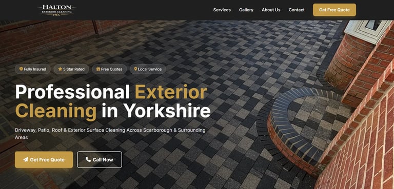 Professional exterior cleaning service website header showing clean driveway with brick building in Yorkshire