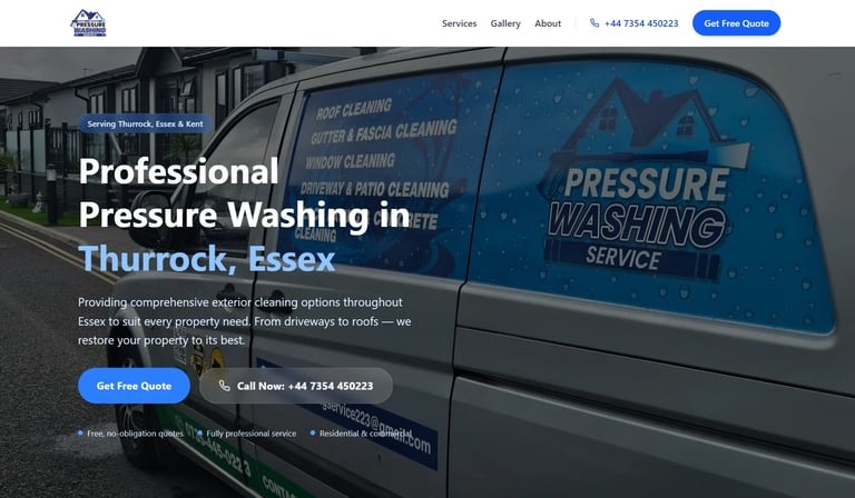 Blue pressure washing service van with text overlay advertising professional pressure washing services in Thurrock, Essex