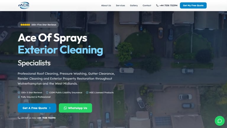Ace Of Sprays exterior cleaning website homepage showing professional pressure washing and gutter cleaning services