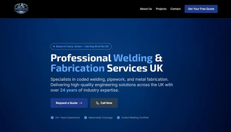 Professional Welding and Fabrication Services UK website header with navigation menu, headline, description, and call-to-action buttons