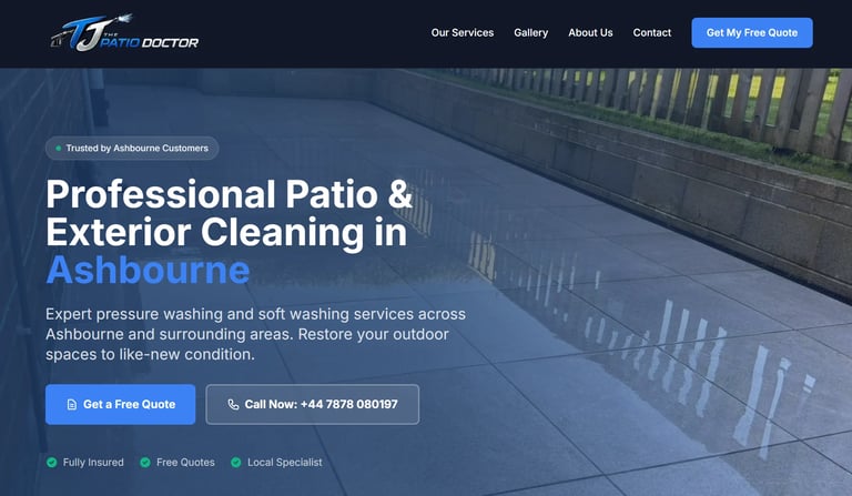 Professional patio and exterior cleaning service website header for Ashbourne with pressure washing imagery