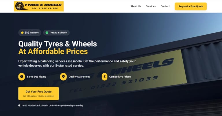 Tyres and Wheels website header showing a yellow vehicle with text about quality tyres at affordable prices in Lincoln